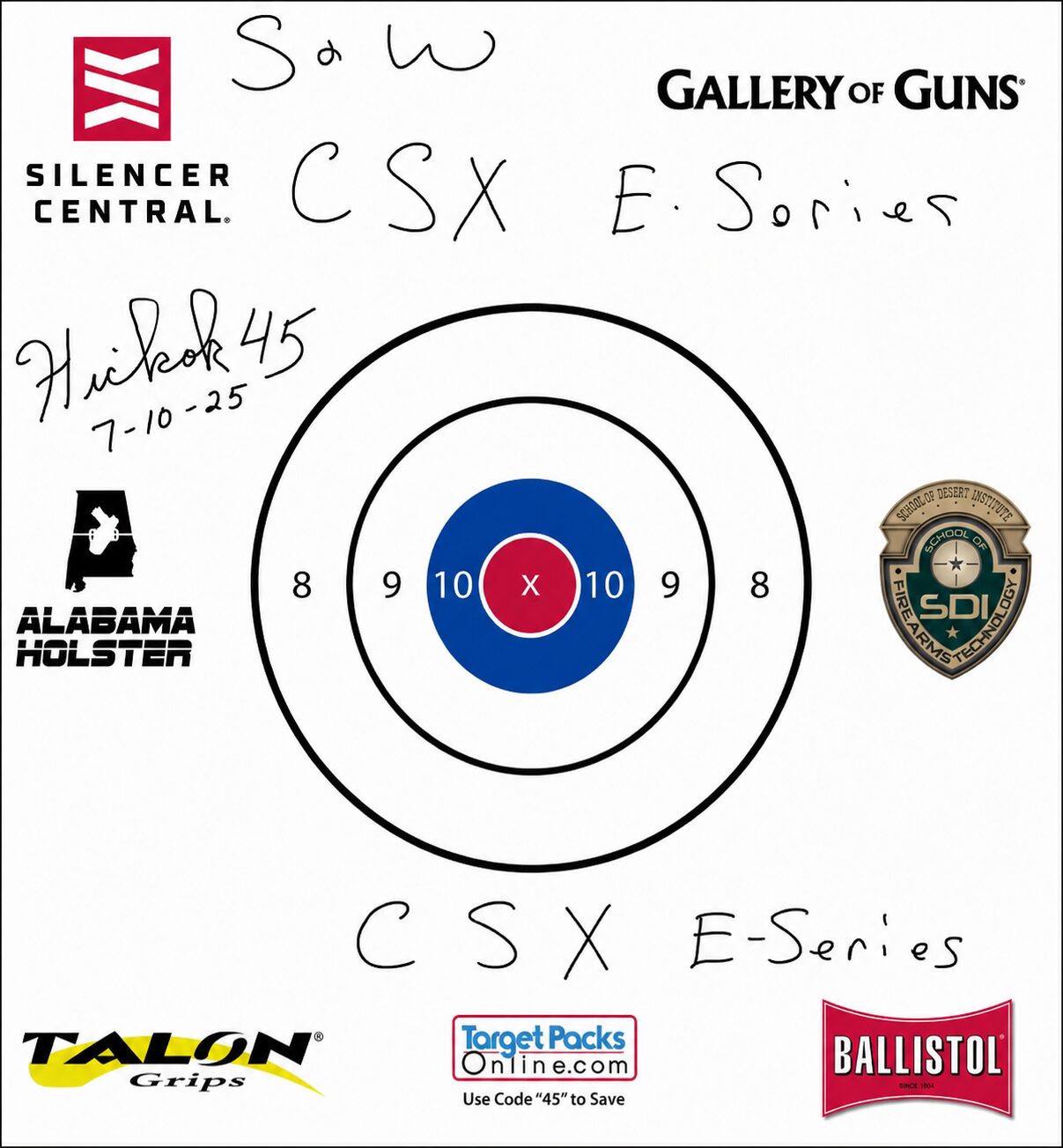 Hickok45's own signed and dated target, included free with every rental